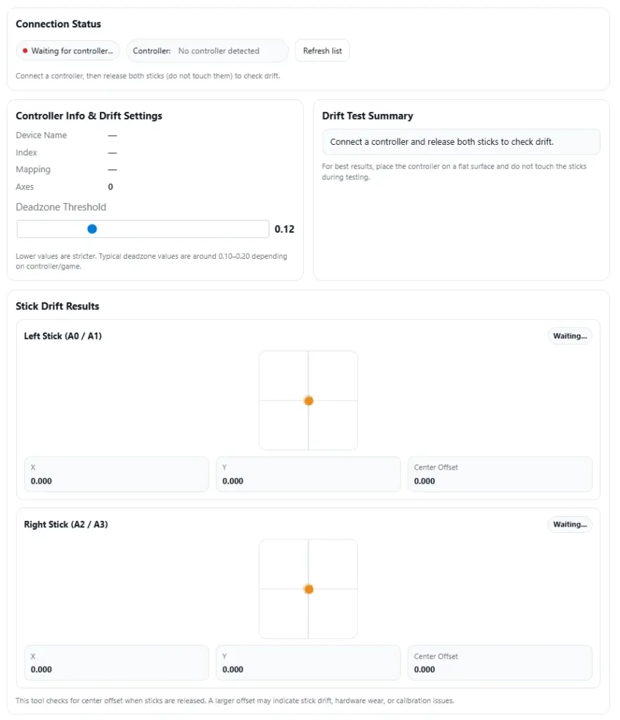 Stick Drift Test: Diagnose Controller Drift Online
I use this stick drift test to check a controller joystick in the browser. It works with PS5, PS4, Xbox, Switch, and PC controllers and shows real time X/Y offsets so I can see if drift looks normal or problematic. Inputs stay in the browser. Connect your controller to start.
Key Takeaways
Stick drift means the joystick sends input even when I’m not touching the stick on the controller.
I run the online stick drift test and watch real time X/Y offsets while the stick rests.
Perfect (0,0) almost never happens. What matters is stable values.
I check tolerance bands: ≤1% excellent, 1–5% normal, >10% needs attention.
I test wired first because Bluetooth interference can create fake drift.
I try fixes in order: clean → calibrate → update firmware or drivers → retest.
Repair shops record before and after test logs and use clear pass or fail rules.
Using the Stick Drift Test
I follow these steps when I run the online stick drift test: https://cyberfanatix.com/stick-drift-test/
Connect the controller
I plug in or pair my controller to the PC. The browser may ask for permissions. I allow it so the page can read joystick input.
Move the joystick
I move the stick in circles and edges. The crosshair and X/Y readout should move in real time.
Release the stick
I let go of the joystick. The crosshair should return near the center.
Watch for drift
If the X/Y values move while I am not touching the stick, that shows drift detection.
Quick tip: Wired vs Wireless
Charge the battery first
Use wired if possible
Move away from USB hubs or Bluetooth devices
Retest to confirm the result
What Stick Drift Means
Stick drift happens when a controller joystick sends idle input even when I am not touching the analogue stick. The system reads a small offset, so the game thinks the stick moved. This usually comes from sensor noise or worn parts.
Sometimes the offset stays in one direction. Other times the X/Y values jitter and jump around. That difference helps later when checking the problem.
How Drift Shows Up (Symptoms You Can Confirm)
Camera drift
The camera slowly moves without touching the stick.
Quick test: open the map or pause screen, take hands off the controller, and watch for about 30 seconds.
Character movement
The character walks or turns on its own.
Quick test: stand still in a game area and see if the character moves.
X/Y values twitching
The X/Y values move even when the stick rests.
Quick test: watch the stick test page and check if numbers keep twitching.
Menu drift or auto scroll
Game menus move by themselves.
Quick test: sit in the menu and see if it keeps scrolling.
Hard to keep aim centered
The crosshair drifts off target.
Quick test: aim at one spot and release the stick.
Common Causes of Stick Drift (Potentiometer vs Hall Effect)
I usually see stick drift come from small hardware issues inside the joystick module.
Common causes:
Potentiometer wear
The joystick uses a potentiometer with a small wiper that slides on a track. Over time the track wears and the signal becomes uneven.
Dust or debris
Dust or debris inside the stick can block smooth movement and create small input jumps.
Plastic wear or looseness
The stick parts develop play after heavy use, which shifts the center point.
Flex cable aging
Old flex cables or connectors can cause electrical noise and jitter in the signal.
Potentiometer vs Hall Effect
Potentiometer sticks
Use physical contact between the wiper and track. Wear and dirt can create drift.
Hall effect sensors
Use magnets and magnetic sensing. No physical contact, so they resist wear better.
According to Adafruit learning resources on potentiometers and hall effect sensors, magnetic sensing avoids the mechanical friction found in traditional potentiometers.
https://learn.adafruit.com
And if someone wants to see how sticks mount inside controllers, iFixit teardowns show the analog modules and replacement steps clearly.
https://www.ifixit.com
One quick tip. If you want to know which stick type a controller uses, I usually check the model online or look at teardown guides before opening anything.
Reading Stick Values Near Center (What (0,0) Actually Means)
When I run a stick drift test, I look at the center point (0,0). That number means the joystick sits in the middle with no input. But real controllers almost never stay at perfect zero. Small deviation happens because of sensor noise and normal wear.
What matters more is stability. If the rest values stay close to the center and do not move much, the stick usually works fine.
I try to keep testing conditions the same:
Place the controller on a flat surface
Do not touch the joystick
Watch the values for a few seconds
Repeat the test a few times to compare the baseline
Running short repeated checks helps me see if the values stay stable or slowly drift.
Ideal Reading
Real World Reading
Stick snaps to (0,0) and stays still
Small deviation around center
No wobble or movement
Tiny value changes appear
Happens mostly in lab conditions
Normal on used controllers

Next step is checking how big the deviation is and whether it falls inside normal tolerance.
Ideal Center (What Perfect Zero Looks Like)
The ideal center means the stick returns exactly to (0,0) with no wobble at all. That usually happens in lab conditions or brand new hardware. In real life, especially with used controllers, perfect zero almost never happens.
Real World Readings (Normal vs Problem)
Small axis deviation usually appears when the joystick rests. That is normal. What I watch more is stability.
Watch for these signs:
Stable values near center → usually fine
Slow wander on one axis → possible drift
Constant jitter or twitching numbers → signal noise or wear
I usually run the test for a few minutes. Stable readings stay similar. Drift slowly moves away from center.
Drift Tolerance Guide (When It Is Fine vs Needs Repair)
I check drift using simple tolerance bands. The offset percent shows how far the stick moves from center compared to the full range.
≤1% — Excellent
Offset stays very close to center. Drift is basically invisible.
1–5% — Normal
Small deviation appears but games usually handle it with a deadzone.
>10% — Needs Attention
The joystick moves too far from center and drift becomes noticeable.
Example calculation:
Full stick range example: −32767 to +32767
Full span = 65534
If the resting offset reads 600, then:
offset percent = 600 ÷ 65534 ≈ 0.9%
That sits inside the excellent range.
Small offsets often disappear once a deadzone is applied.
You can check it using the deadzone test: https://cyberfanatix.com/deadzone-test/
How Games Handle Small Drift (Deadzones Explained)
Most games add an inner deadzone, which ignores small stick movement near the center. This prevents tiny offsets from moving the character or camera.
Typical inner deadzone values range from 5–15%.
Where I usually adjust it:
In the in game controller settings
Inside sensitivity options
Through PC controller calibration tools
If you want to measure it directly, you can run a deadzone test: https://cyberfanatix.com/deadzone-test/
And sometimes I check stick calibration settings on PC drivers or controller apps to fine tune the center.
Standard Drift Test Protocol and Pass or Fail Rules for Repair Shops
I see many repair shops run quick tests, but results change if the process changes. So I prefer a standardized testing workflow. Same steps, same timing, same sample rate, and clear pass or fail criteria.
Drift Test Protocol (Shop Procedure)
Prepare the controller
Place the controller on a flat surface. Do not touch the joystick. Connect it to the test system.
Open the drift test tool
Start the online test or a full controller check tool like https://cyberfanatix.com/.
Begin capture window
Record stick data for 10 to 30 seconds. This capture duration helps show stability.
Use a fixed sampling interval
Poll input every 50 to 100 ms. A steady sample rate keeps readings consistent.
Watch rest values
Observe X and Y offsets while the stick sits at center. Stability matters more than a perfect zero.
Export the data
Save the session using data export or logs. Most tools store readings as a CSV file.
Apply tolerance rules
Compare offset percent with the acceptance threshold:
≤1% excellent
1–5% normal
>10% needs repair
Retest after repair
Run the same protocol again and compare results.
Some shops also confirm results using a second tool like the Analog Stick Test for cross check:
https://cyberfanatix.com/analog-stick-test/
Test Requirements (Keep It Consistent)
Controller sits still on a flat surface
No physical contact during capture
Fixed capture duration between 10 and 30 seconds
Polling interval 50 to 100 ms
Save and keep retention of logs for documentation
Example CSV Data Fields
Most shops store drift logs in a CSV file with columns like:
timestamp
raw X
raw Y
calibrated X
calibrated Y
computed offset percent
This makes it easy to compare before and after repairs.
Evidence Checklist for Warranty or Customer Records
I usually keep a simple repair record pack:
Screenshot of the drift test screen
Exported CSV log file
Short video clip of the test
Photo of the controller condition
This small evidence set protects the shop during warranty claims and clearly shows the controller state before and after repair.
Quick Fix Steps and Advanced Troubleshooting (Follow This Order)
I usually start with the simple fixes first. Many stick drift cases come from dust, calibration errors, or software issues. Only after those checks do I move to repair or warranty steps.
Decision flow I follow:
If drift looks small → try quick fixes first
If drift stays after cleaning and calibration → move to advanced troubleshooting
If the controller is still under warranty → contact the manufacturer before opening it
If drift remains severe → consider professional repair or replacing the stick module
Basic isolation helps too. I often run a wired test before assuming the joystick is broken, since wireless noise or interference can create false drift readings.
Safety rules matter here. I always power off the controller before cleaning, use water free isopropyl alcohol, and let the stick dry fully before turning it back on.
Quick Fix Checks (Fast Steps That Solve Most Cases)
Diagnostic order:
Power off → Clean → Wired test → Calibrate → Update → Repeat test
Clean the joystick area
Power off the controller first. Blow compressed air around the stick gap. If needed, apply a tiny amount of isopropyl alcohol on the edge and move the stick gently. Let it dry fully before powering on.
Run a wired test
Connect the controller using a cable. This removes Bluetooth interference that can cause fake drift readings.
Calibrate the controller
Run a stick calibration test to reset the center position.
https://cyberfanatix.com/stick-calibration-test/
Update firmware or drivers
Install the latest firmware update or PC drivers. Old firmware sometimes causes input errors.
After these steps, I usually retest the joystick to see if the drift changed.
Advanced Troubleshooting (Repair, Replace, or Warranty)
If quick fixes fail, the problem usually sits inside the joystick hardware.
Possible repair paths:
Replace the potentiometer inside the joystick module
Replace the entire joystick module assembly
Send the controller to a professional repair service
But I always check warranty first.
Warranty first rules
Do not open the controller shell while the warranty still applies
Opening it may cancel manufacturer coverage
Contact official support before doing hardware repair
For example:
According to Nintendo Joy Con support guidance, users should contact Nintendo support first for stick issues.
https://www.nintendo.com
Xbox Support troubleshooting and warranty steps explain official repair options for controller problems.
https://support.xbox.com
If someone wants to see how stick modules get replaced, iFixit teardown guides show the internal parts clearly.
https://www.ifixit.com
Advanced Electrical Diagnostics: Testing Potentiometer Noise
Technicians sometimes confirm joystick failure using electrical tools. This helps prove whether the potentiometer track is worn or just dirty.
Typical joystick potentiometers measure about 10 kΩ resistance.
Diagnostic workflow
Multimeter resistance sweep
Connect the multimeter across the potentiometer terminals. Slowly move the joystick and watch the resistance sweep.
Check continuity stability
Smooth resistance change means the track likely works. Sudden jumps may indicate wiper noise or worn contact paths.
Oscilloscope signal check (optional)
Connect an oscilloscope to monitor the analog output signal. Watch the signal noise floor while moving the stick.
Look for jitter patterns
Small smooth waves look normal. Random spikes or dropouts suggest contamination or worn potentiometer tracks.
Pass vs fail indicators
Smooth resistance sweep → potentiometer likely healthy
Sharp spikes or dropouts → worn track or internal debris
Constant jitter → possible electrical noise or bad connection
According to Tektronix application notes on oscilloscope signal analysis, noise and unstable signal patterns often indicate hardware faults in analog sensors.
https://www.tek.com
Repair log evidence I usually save
multimeter readings
oscilloscope screenshots
notes from the resistance sweep test
Keeping these records helps explain the diagnosis and supports repair documentation.
Repair Shop Pricing Guide: Hall Effect Upgrade vs Standard Stick Replacement
When I price a controller repair, I do not look only at the part price. I check the full cost breakdown and the expected ROI. A hall effect upgrade costs more up front, but it often reduces repeat drift problems compared to a normal stock stick replacement.
Basic Cost Breakdown (Typical Shop Factors)
Cost Component
What It Covers
Parts cost
joystick module or hall effect upgrade kit
Labor time
opening controller, soldering, installing module
Testing time
stick drift test, calibration check, retest
Warranty reserve
small buffer for returns or defects
Shop overhead
tools, electricity, workspace
Margin
profit after all repair costs

These pieces together determine the final repair pricing.
Simple Pricing Formula Example
I usually keep pricing simple:
Repair price = (parts cost + labor cost + testing time + warranty reserve) × margin
This structure helps the shop stay profitable without guessing prices.
When a Hall Effect Upgrade Makes Sense
A hall effect sensor stick resists wear because it uses magnetic sensing instead of contact tracks. That means fewer future drift problems.
I consider upselling it when:
The controller value is high (premium or limited edition)
The customer wants long term durability
The repair already involves full stick replacement
The shop offers an extended repair warranty
Quick Decision Checklist
Before recommending a repair option, I usually check:
Is the controller worth upgrading?
Does the customer want lowest cost or longest lifespan?
Will the hall effect upgrade reduce future warranty claims?
Is this a repeat customer who values reliability?
If the answer to several of those is yes, the hall effect upgrade often provides better long term value for both the shop and the customer.
Customer Disclosure and Warranty Templates for Repaired or Resold Controllers
When I sell or return a repaired controller, I always include a clear refurbished disclosure and simple warranty policy. This builds trust and avoids confusion later. I also attach proof from the repair test so the customer can see the condition before and after service.
What I Disclose to Customers
The controller condition and refurbished disclosure
The repair type performed on the joystick or module
The shop warranty policy and return policy
A short service ticket summary of the repair
Test results from the stick drift test log
Before and after photos of the controller condition
Including a post repair test log helps show that the controller passed testing at the time of service.
Template 1: Product Listing Disclosure
Condition Notice
This controller received a joystick inspection and repair. The unit passed a post repair stick drift test log with stable center readings. Normal cosmetic wear may exist. The listing includes a refurbished disclosure and limited warranty policy.
Template 2: Limited Warranty Line
Warranty Statement
This controller includes a limited service warranty covering the repaired joystick module for the defined service period. Damage caused by drops, liquid exposure, or modification falls outside the warranty policy. Please contact support with your service ticket and test results if an issue appears.
Template 3: Service Ticket Note
Repair Record
Controller model inspected and repaired. Joystick module tested before and after service. Results recorded in the test log and attached to the service ticket. Customer advised to test the controller after receiving the unit.
Evidence Submission Checklist (For Claims or Returns)
If a customer reports a problem, I usually ask for basic evidence submission:
Short video showing the issue
Screenshot or export of the test log
Photo of the controller condition
The original service ticket reference
Best practice uses timestamped video and test log files. This makes it easier to confirm issues and keeps the repair process fair for both the shop and the customer.
Find Other Controller Tests to Complete the Check
Sometimes stick drift is only one part of the problem. I usually run a few extra controller tests to confirm if the issue affects only the joystick or the whole input system.
Analog Stick Test
https://cyberfanatix.com/analog-stick-test/
Checks full joystick movement, edge range, and axis response.
Deadzone Test
Shows how much input the game ignores near the center. Helps confirm small drift problems.
Stick Calibration Test
https://cyberfanatix.com/stick-calibration-test/
Verifies stick calibration and center position after adjustments.
Full Controller Input Test
Checks buttons, triggers, and overall controller input to rule out other hardware issues.
Frequently Asked Questions (FAQ)
1. Which controllers work with this online stick drift test?
This online stick drift test works with most modern controller models that connect to a browser through USB or Bluetooth. That includes PS5, PS4, Xbox, Switch, and PC controllers. I usually connect the controller first, open the test page, and the joystick input appears automatically if the browser detects it.
2. What does it mean if my stick never returns to exactly (0,0)?
A joystick almost never sits at perfect (0,0). Small rest values happen because of sensor noise or normal wear. What matters more is stability. If the numbers stay close to center and do not wander, the controller usually works fine.
3. How do I tell real stick drift from wireless or Bluetooth interference?
I usually run a quick wired test. If drift disappears when the controller is plugged in, the issue may come from Bluetooth interference or a weak signal. Nearby USB hubs, wireless devices, or low battery can also affect input readings.
4. Can calibration, firmware, or drivers actually fix drift?
Sometimes they help. Calibration, firmware updates, or new drivers can correct incorrect center readings or software issues. But if the joystick hardware is worn, those fixes usually reduce symptoms rather than fully fixing the drift.
5. Why does my game drift but the test looks normal?
Some games use different deadzone settings or input filters. If the game deadzone is very small, even tiny joystick movement may appear as drift. The online test shows raw controller input, while games apply their own control rules.
6. What deadzone should I use if my game supports it?
Most games apply an inner deadzone between 5% and 15%. A small deadzone keeps movement precise. A larger one hides small drift but reduces fine aim control. I usually increase it slowly until the drift stops.
7. When should I stop DIY fixes and contact the manufacturer?
If cleaning, calibration, and firmware updates do not help, and the controller still has warranty, it is better to contact the manufacturer.
According to official Nintendo support guidance, users should check warranty service before attempting repairs.
https://www.nintendo.com
Xbox Support also provides official troubleshooting and repair steps for controllers.
https://support.xbox.com
Opening the controller during warranty may void coverage.
8. What evidence should I collect for a repair claim or return?
I usually gather simple documentation before submitting a claim:
Screenshot or export of the stick drift test log
Short video showing the joystick drifting
Photos of the controller condition
The model number and serial information
Clear video proof and timestamped test logs make warranty claims easier and reduce disputes with support teams.

